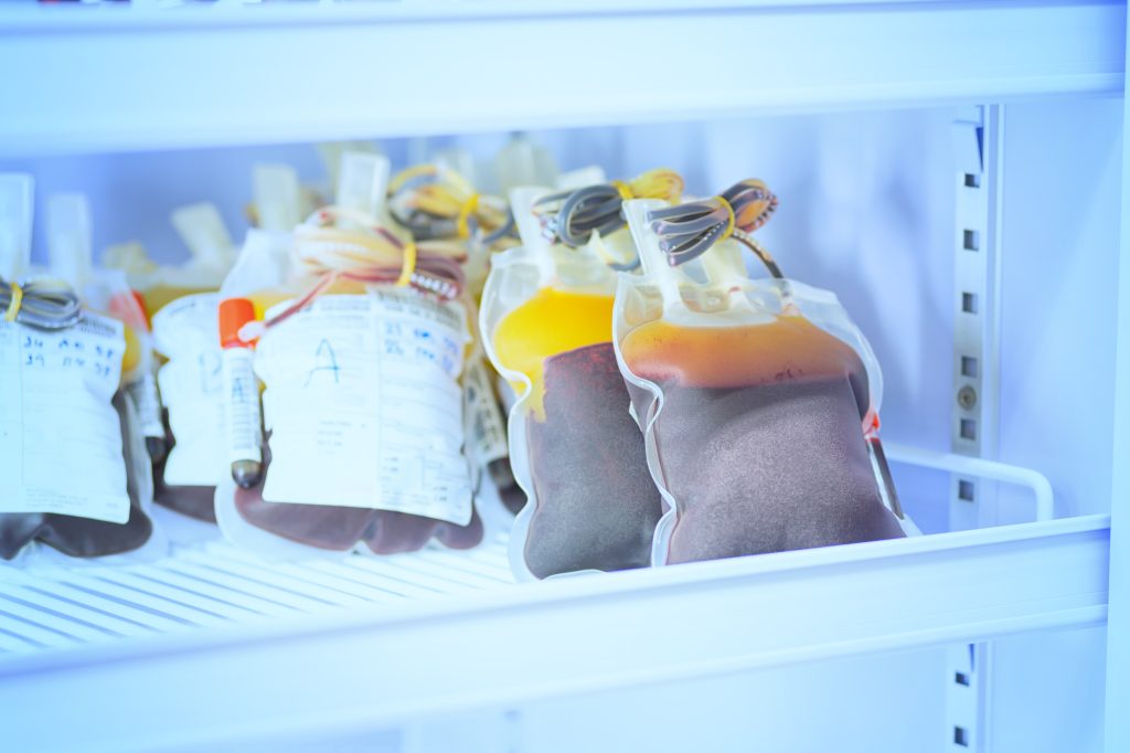 bags of blood in a temperature monitored refrigerator